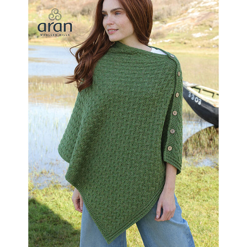 Aran Knitted Poncho With Wooden Buttons  Army Green Colour